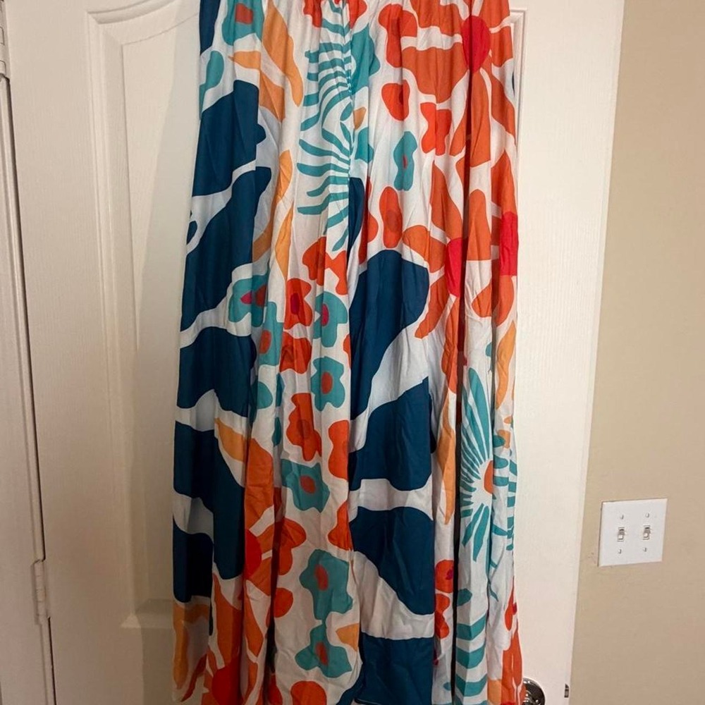 Orange Blue Teal Abstract Floral Print Polyester Maxi Skirt XL